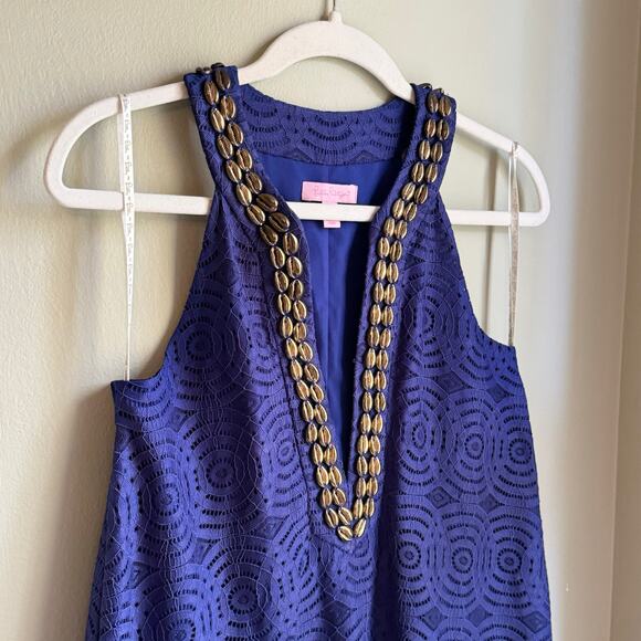 Lilly Pulitzer Achelle Dress In True Blue Mystical Knotty Lace Brass Sea Shells - Picture 4 of 9